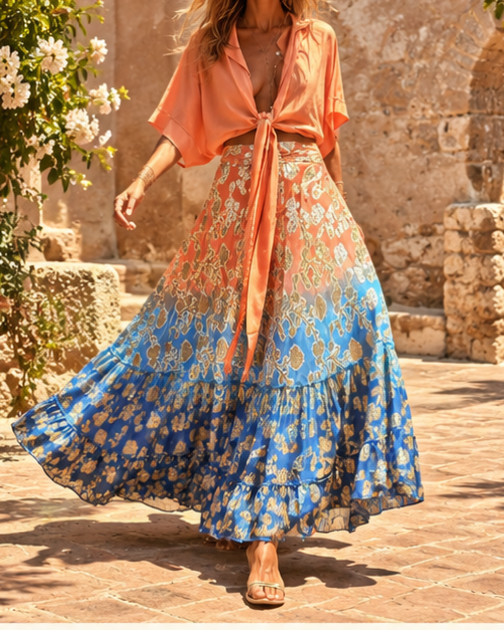 Orange Boho Maxi Skirt - L variant, bohemian movement view in golden-hour light