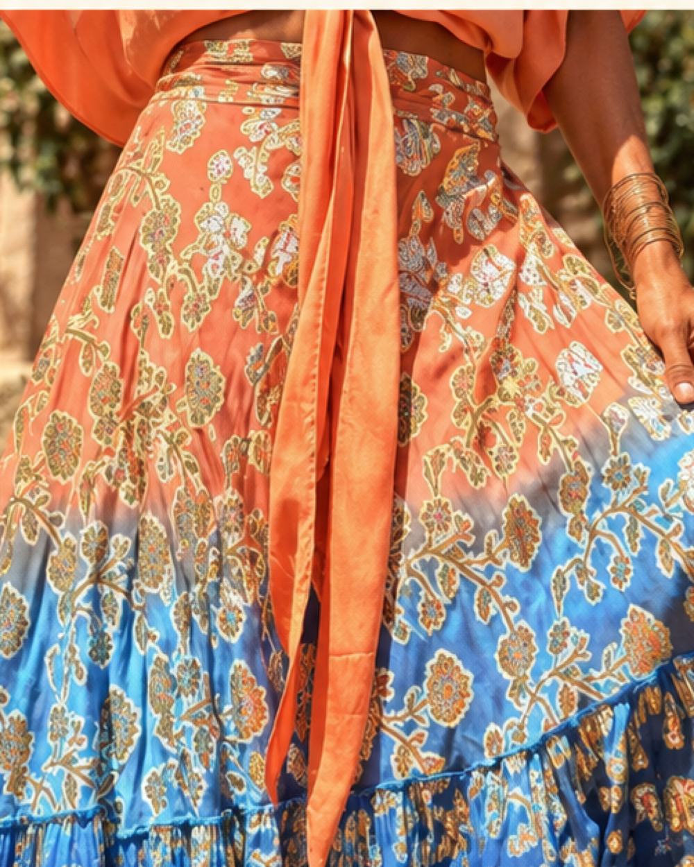 Orange Boho Maxi Skirt - L variant, close-up of fabric and garment details