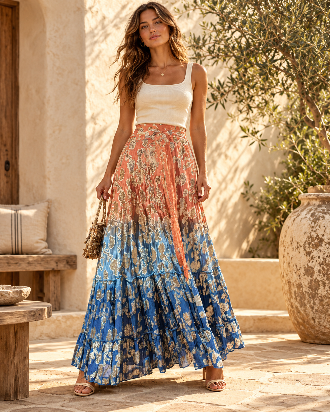 Orange Boho Maxi Skirt, full-length hero view