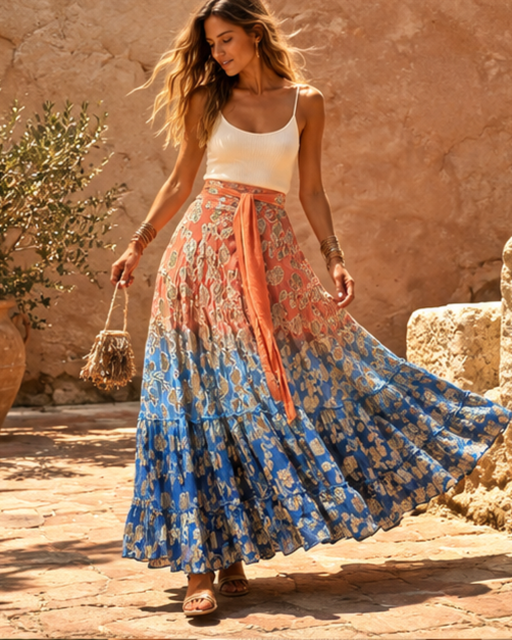 Orange Boho Maxi Skirt, bohemian movement view in golden-hour light