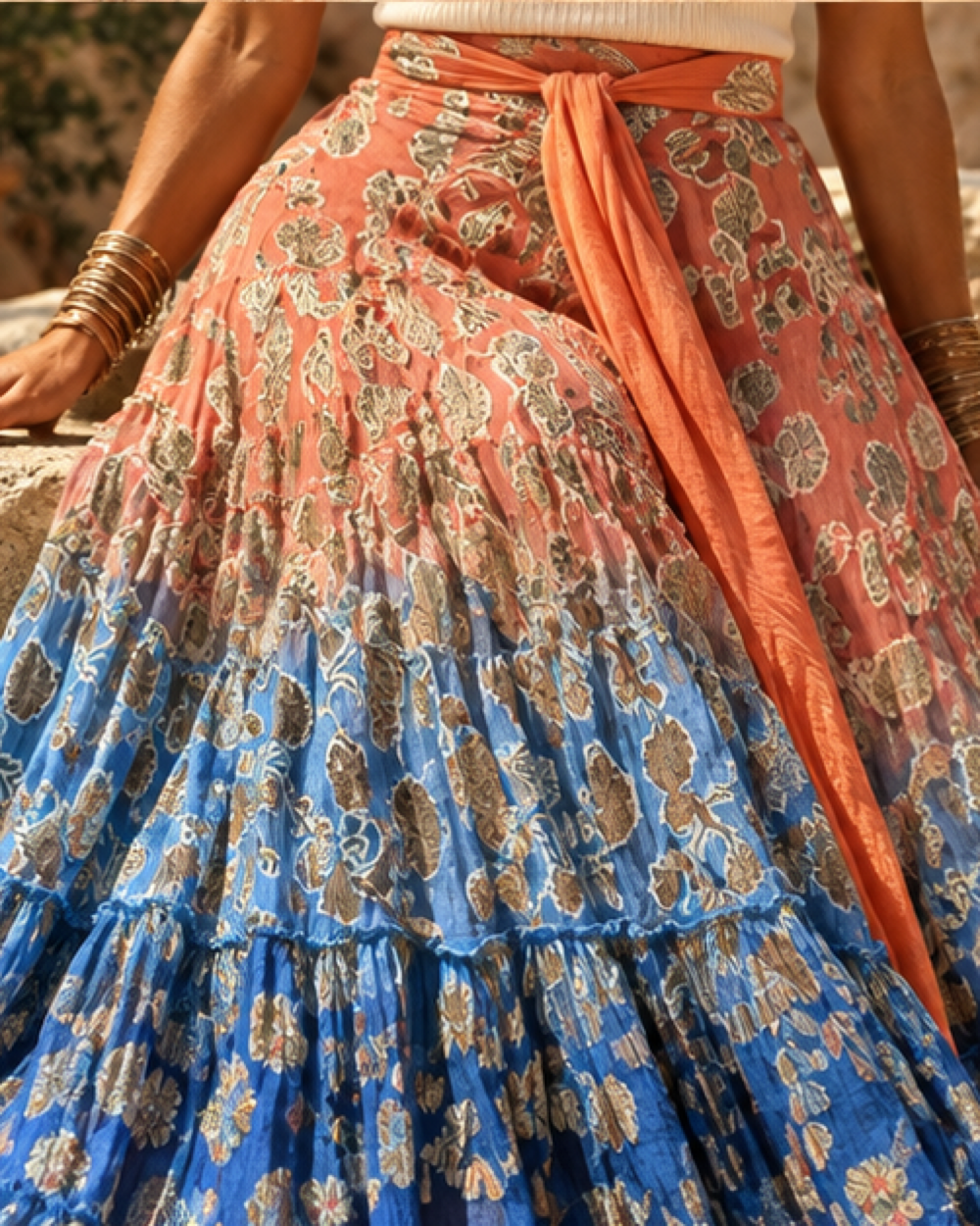 Orange Boho Maxi Skirt, close-up of fabric and garment details