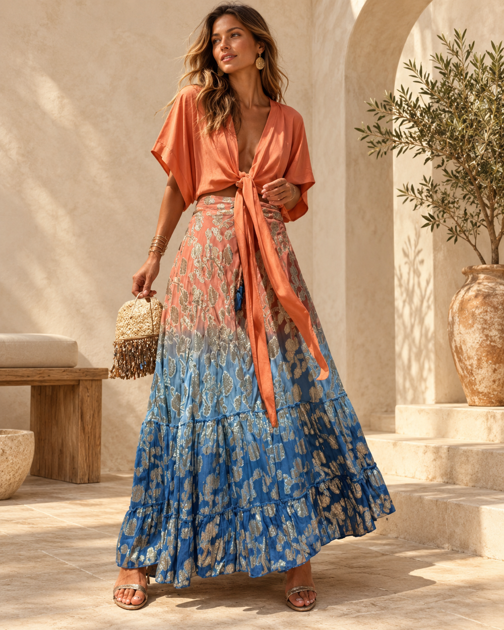 Orange Boho Maxi Skirt, full-length hero view