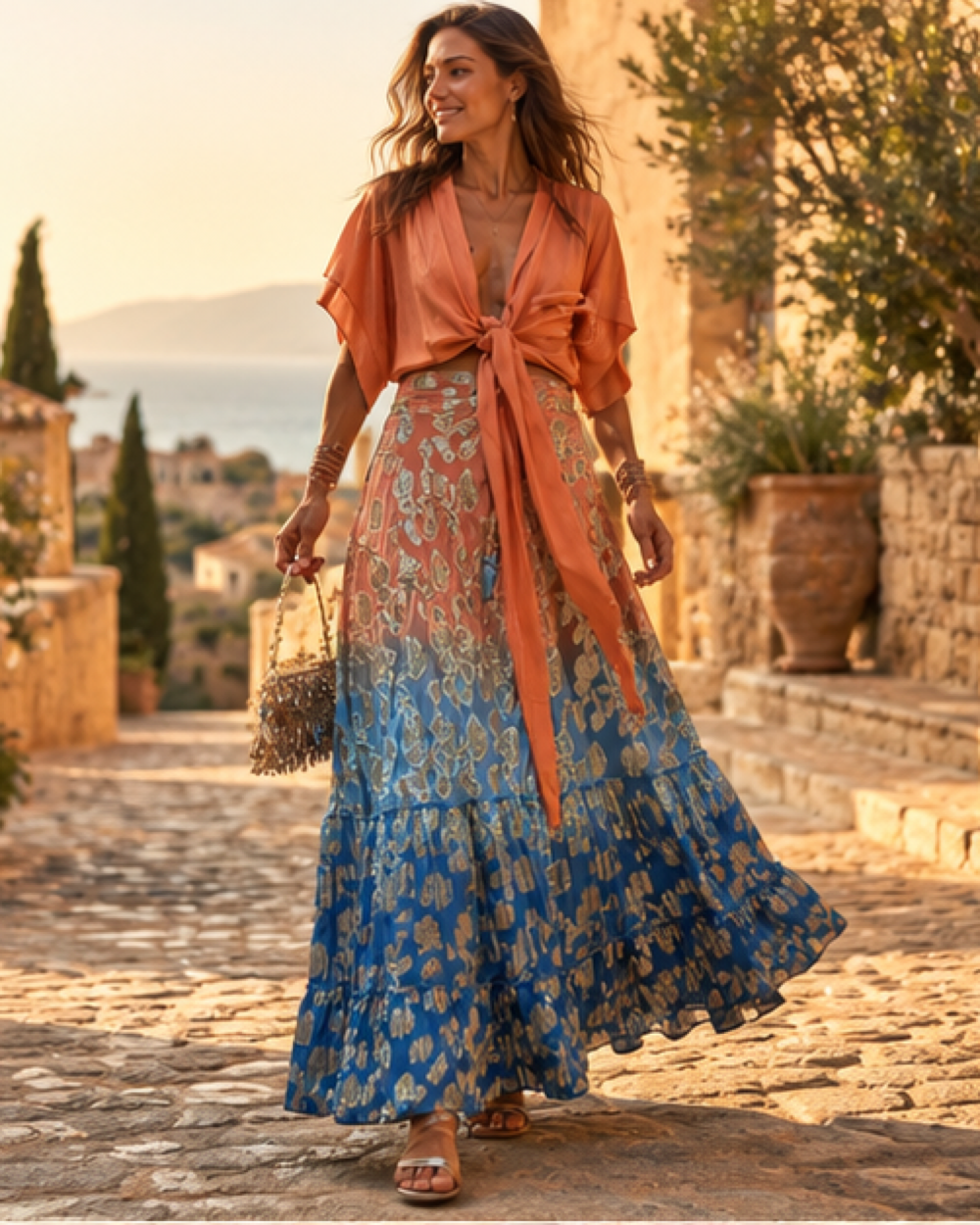 Orange Boho Maxi Skirt, bohemian movement view in golden-hour light
