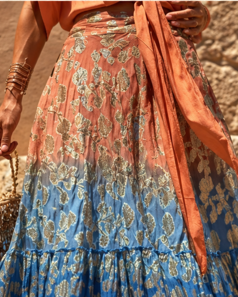 Orange Boho Maxi Skirt, close-up of fabric and garment details