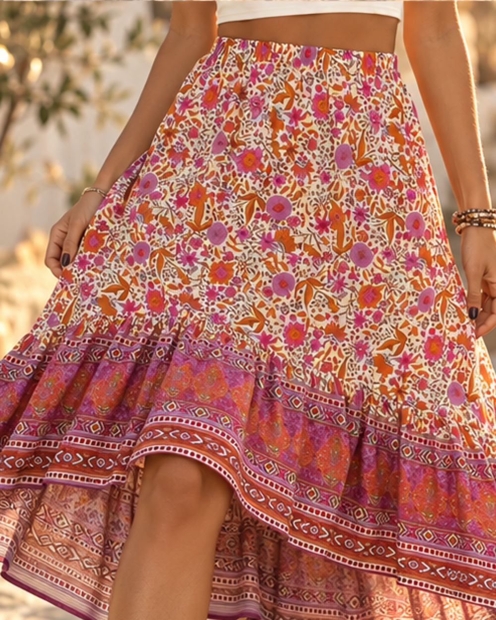 Orange Boho Skirt, close-up of fabric and garment details