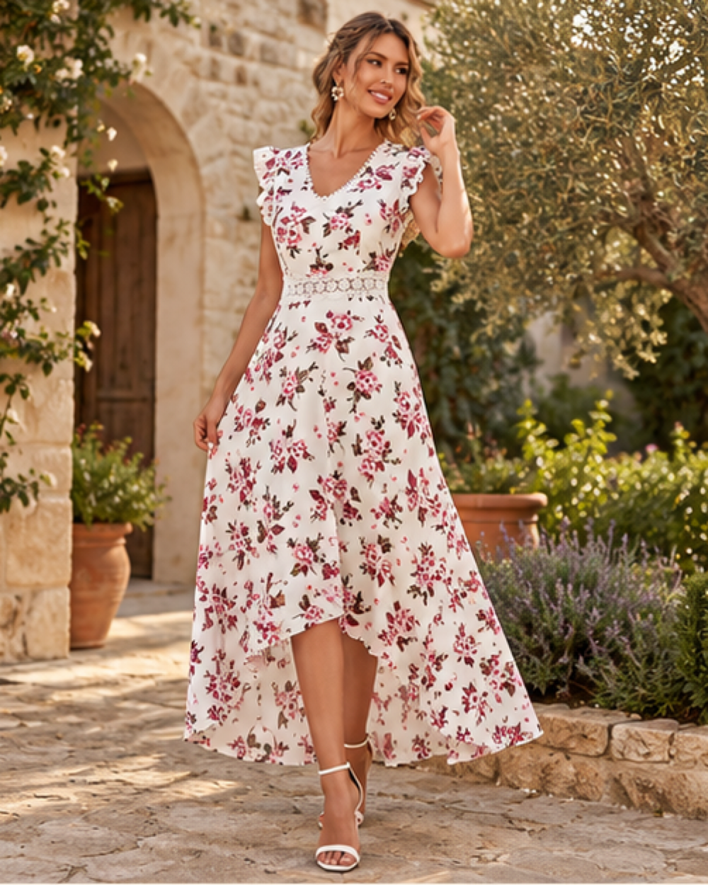 Boho Floral Maxi Wedding Guest Dress - XL variant, styled in a warm Mediterranean setting