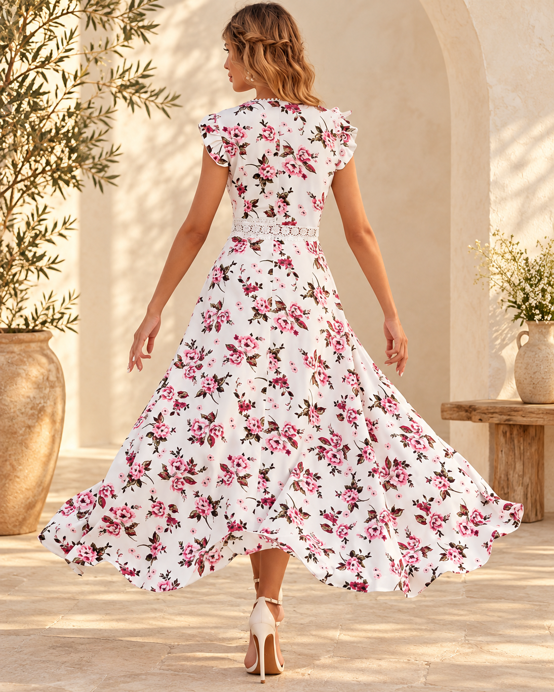 Boho Floral Maxi Wedding Guest Dress, full-length hero view
