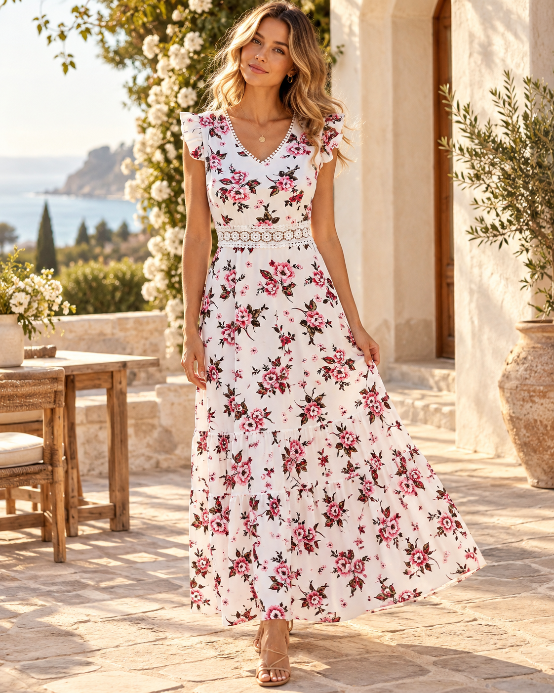Boho Floral Maxi Wedding Guest Dress, full-length hero view