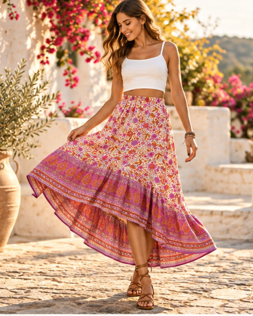 Purple Boho Skirt, bohemian movement view in golden-hour light