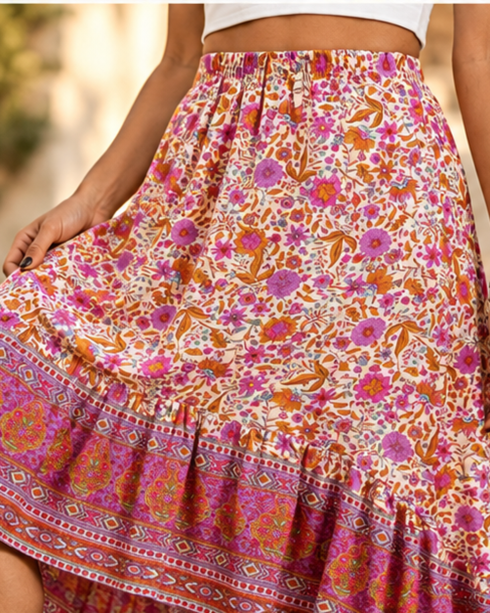 Purple Boho Skirt, close-up of fabric and garment details