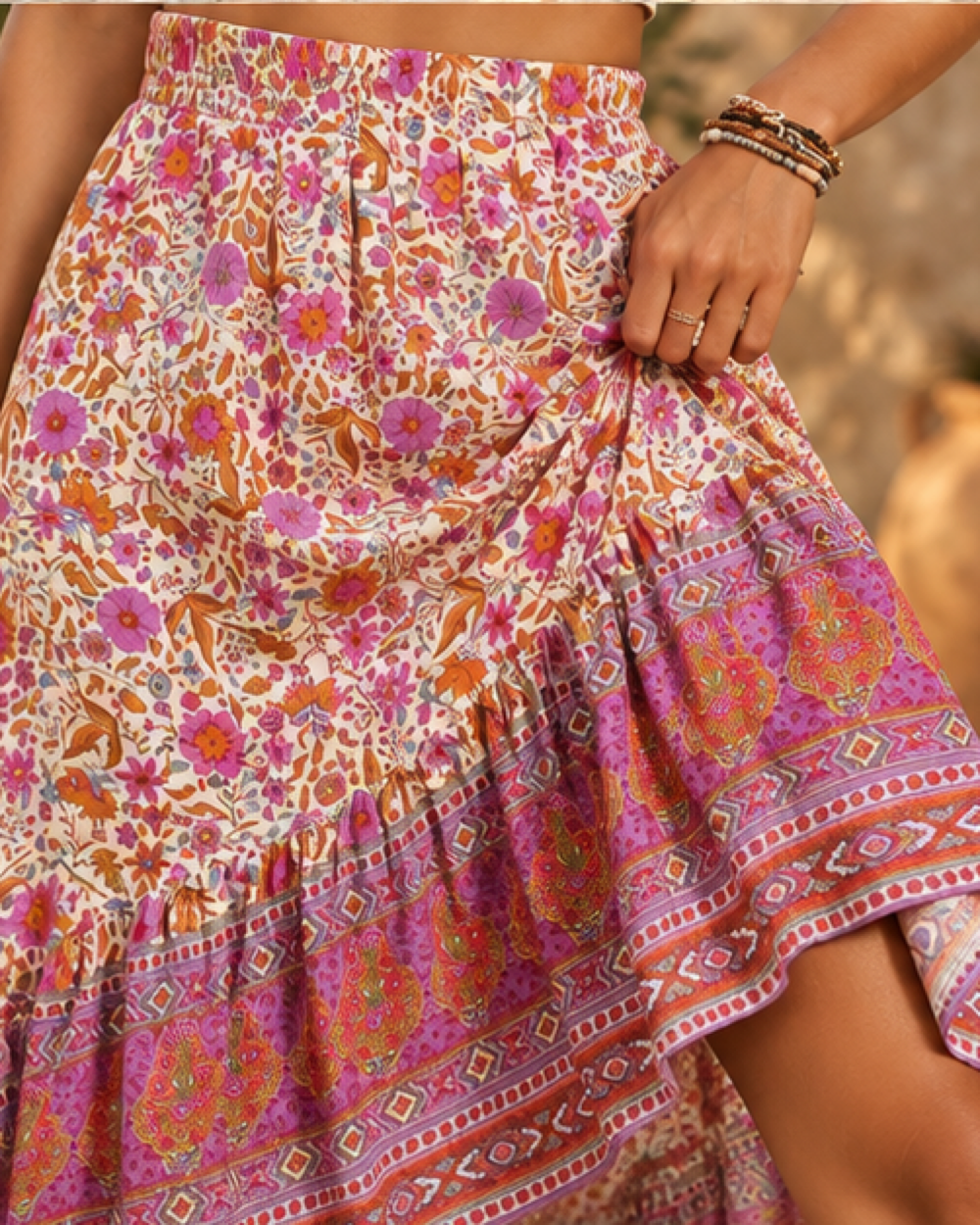 Purple Boho Skirt - M variant, close-up of fabric and garment details