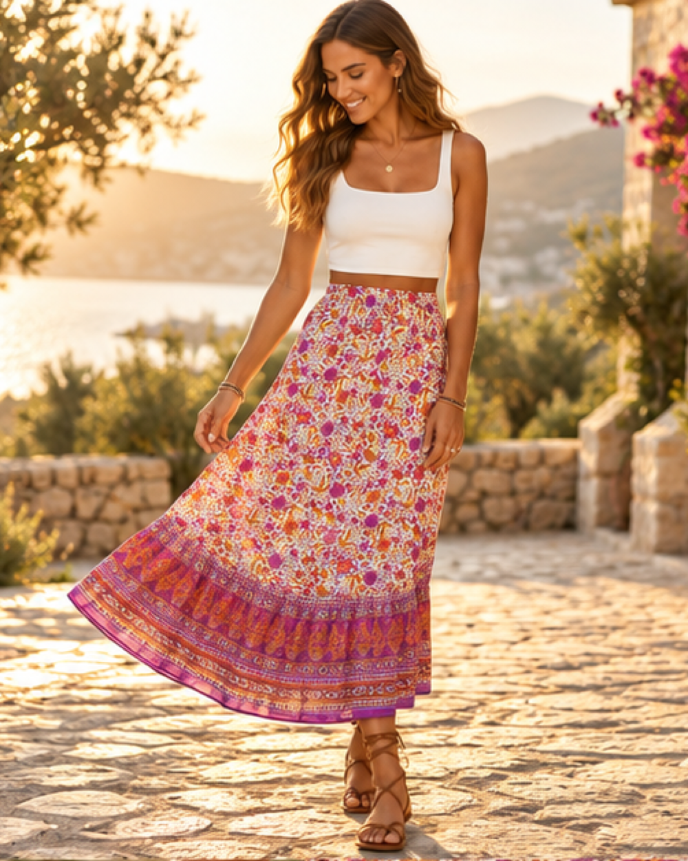 Purple Boho Skirt, bohemian movement view in golden-hour light