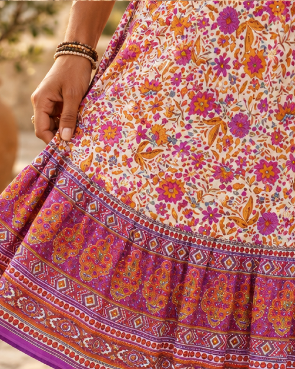 Purple Boho Skirt, close-up of fabric and garment details