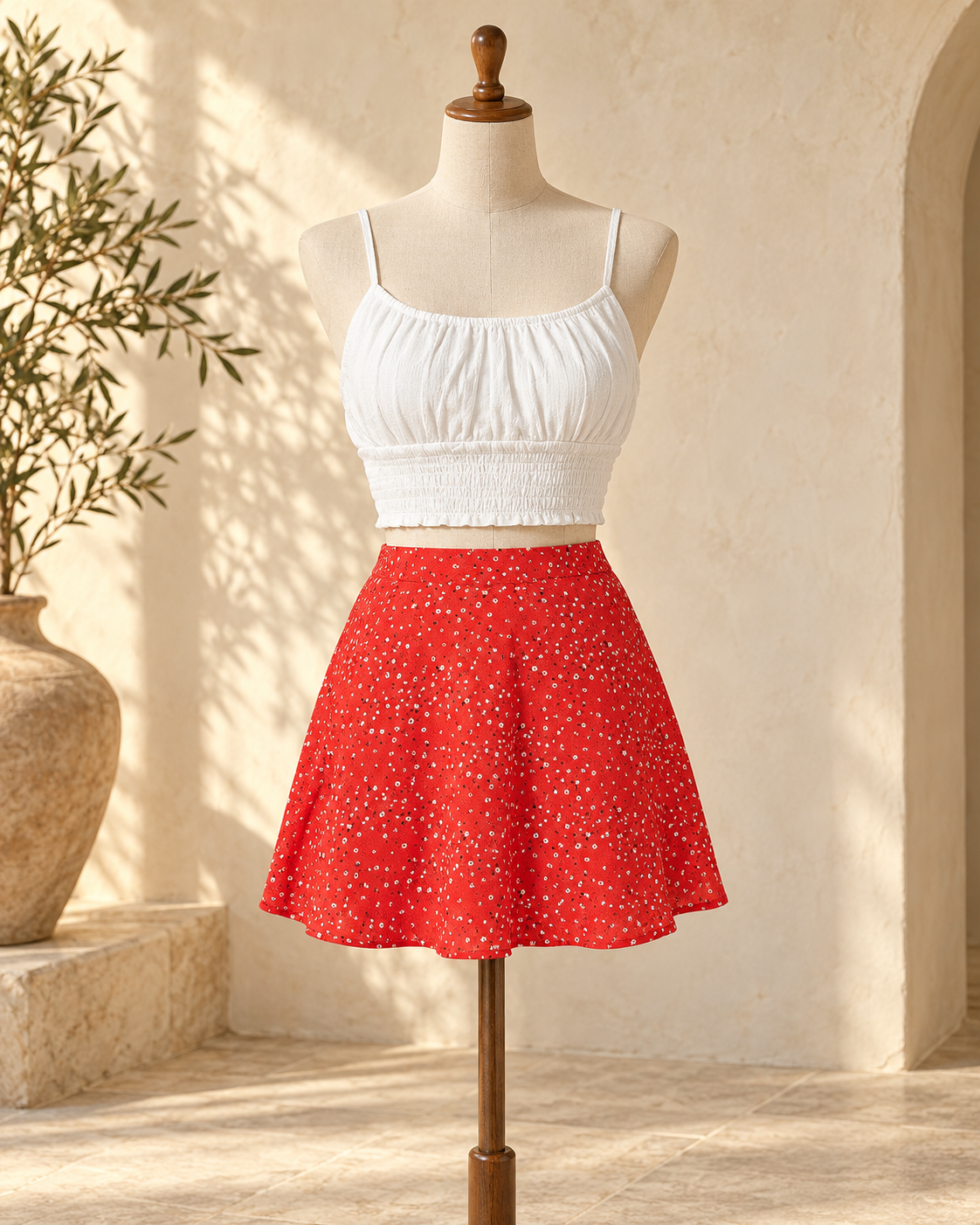 Red and White Boho Skirt, full-length hero view