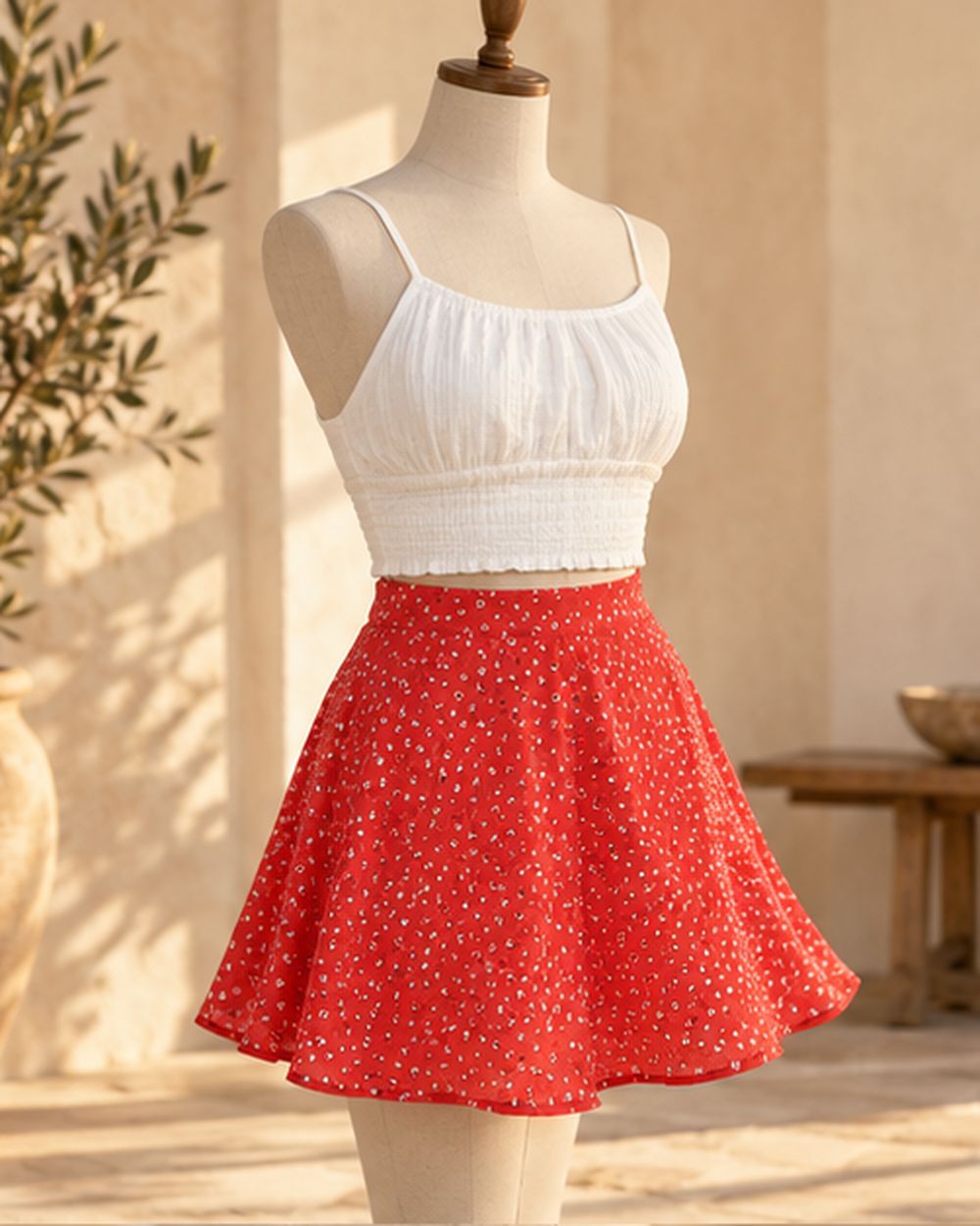 Red and White Boho Skirt, bohemian movement view in golden-hour light