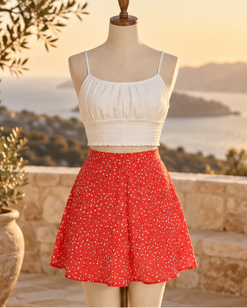 Red and White Boho Skirt, styled in a warm Mediterranean setting