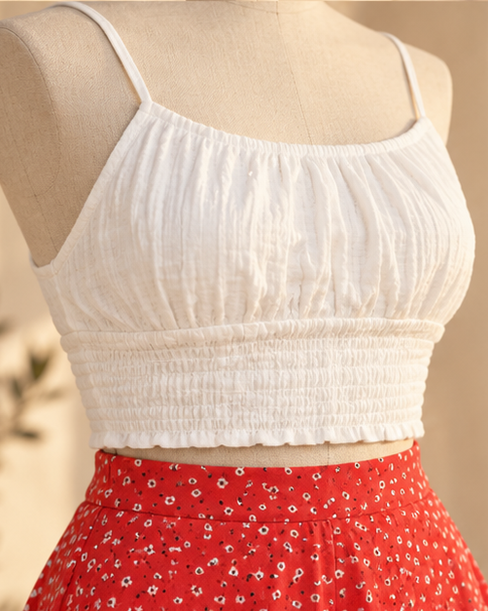 Red and White Boho Skirt, close-up of fabric and garment details