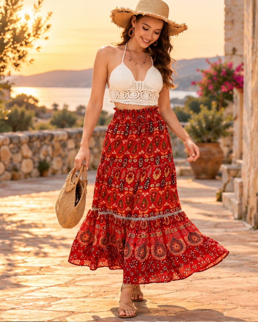 Red Boho Maxi Skirt, bohemian movement view in golden-hour light
