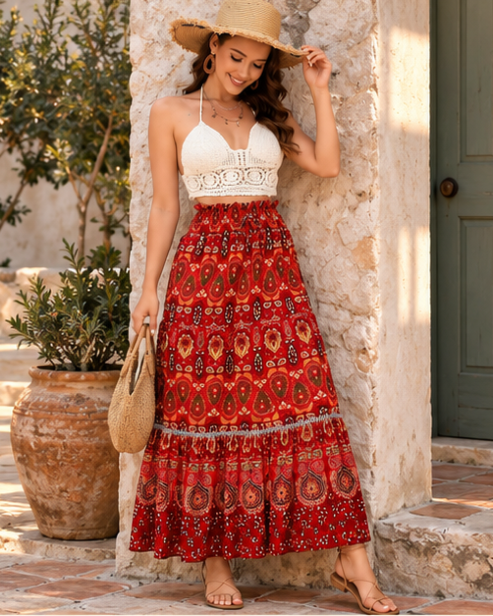 Red Boho Maxi Skirt, styled in a warm Mediterranean setting