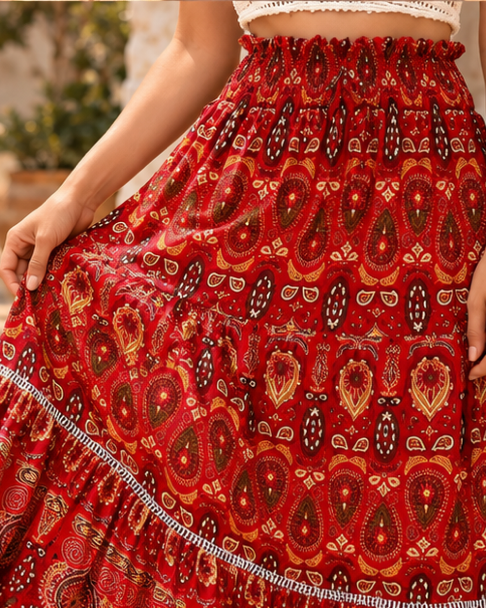 Red Boho Maxi Skirt, close-up of fabric and garment details