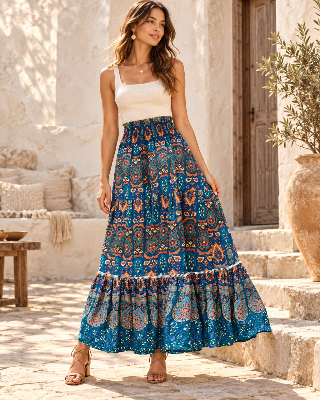 Red Boho Maxi Skirt - Blue variant, full-length hero view