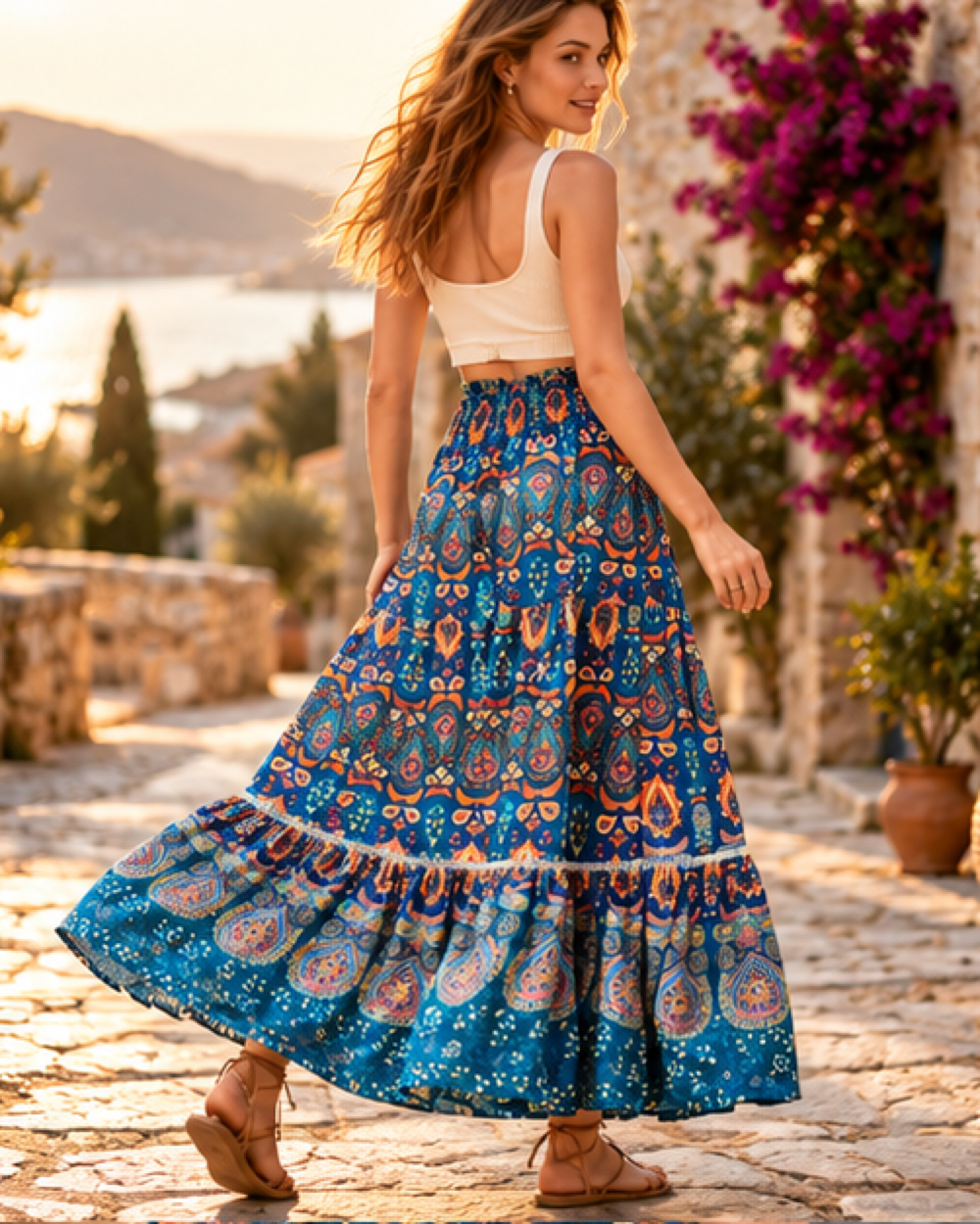 Red Boho Maxi Skirt - Blue variant, bohemian movement view in golden-hour light