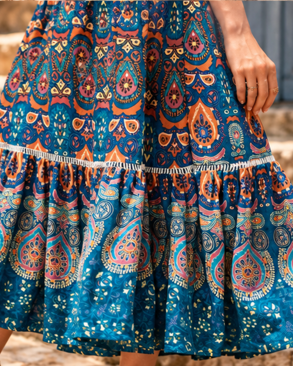 Red Boho Maxi Skirt - Blue variant, close-up of fabric and garment details