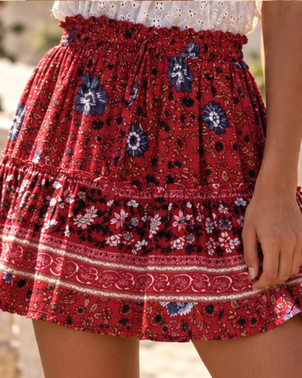 Red Boho Mini Skirt, close-up of fabric and garment details