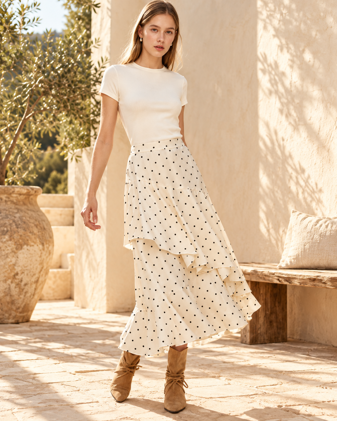Ruffle Boho Black Skirt, full-length hero view