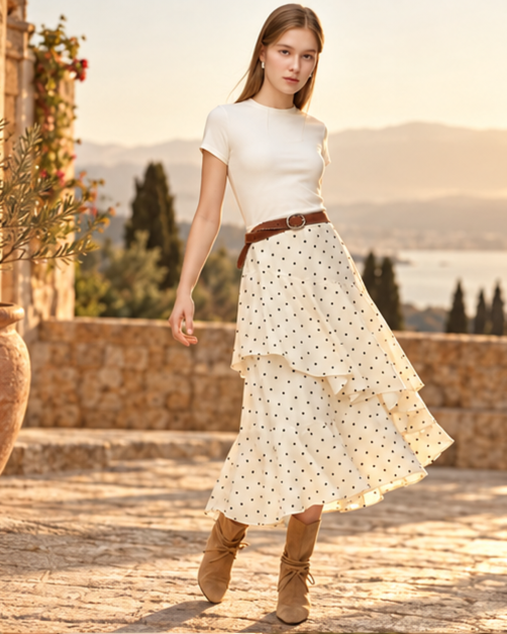 Ruffle Boho Black Skirt, bohemian movement view in golden-hour light