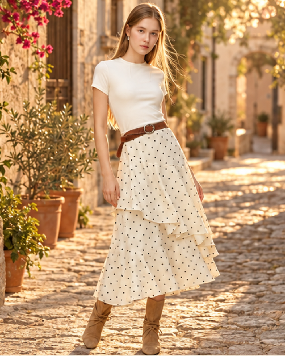 Ruffle Boho Black Skirt, styled in a warm Mediterranean setting