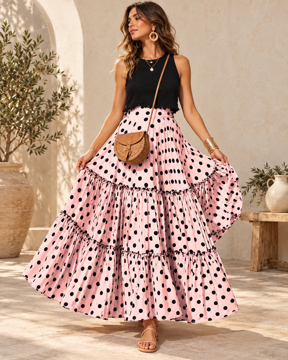 Summer Boho Maxi Skirt - Pink variant, full-length hero view