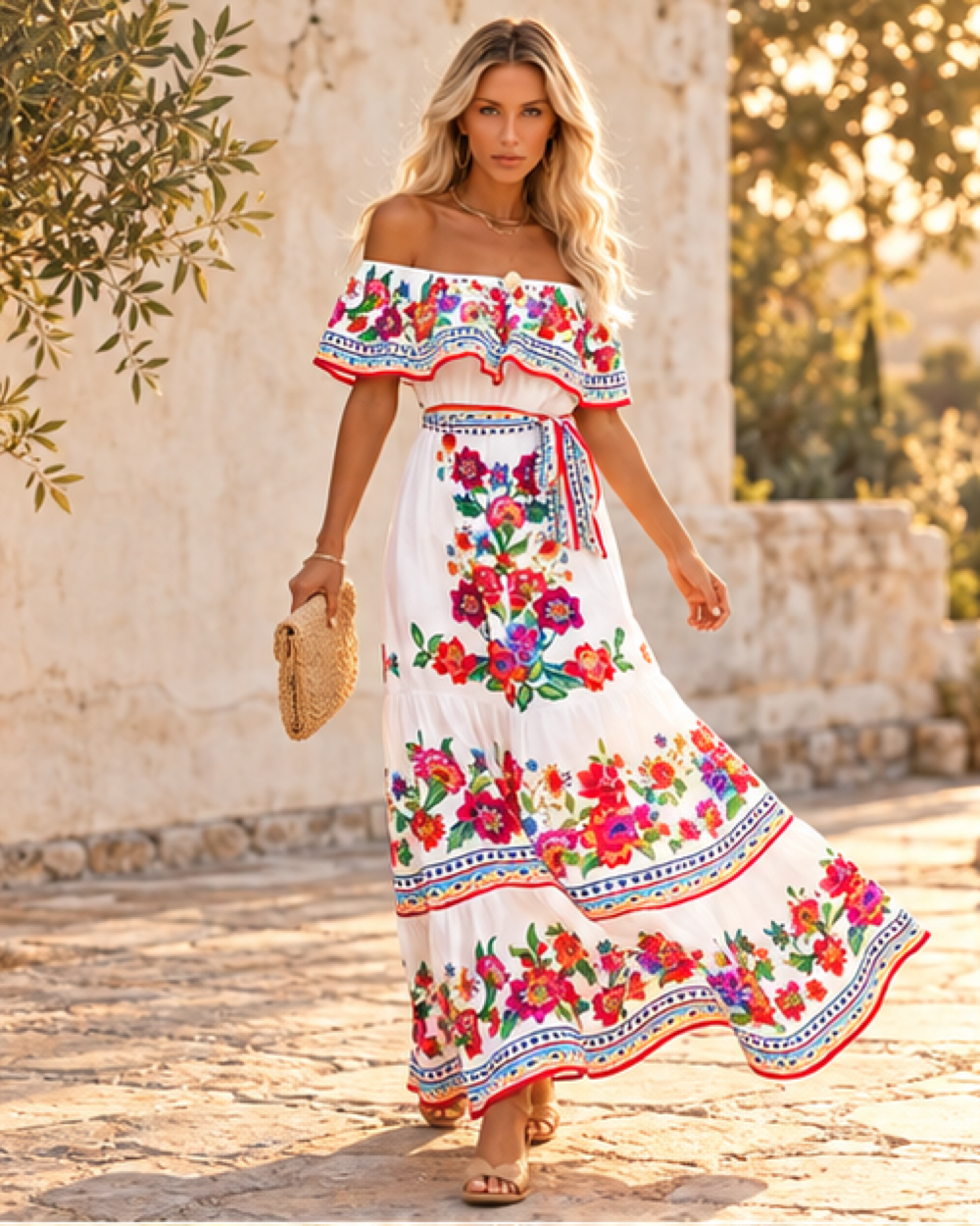 Tiered Ruffle Dress White, bohemian movement view in golden-hour light