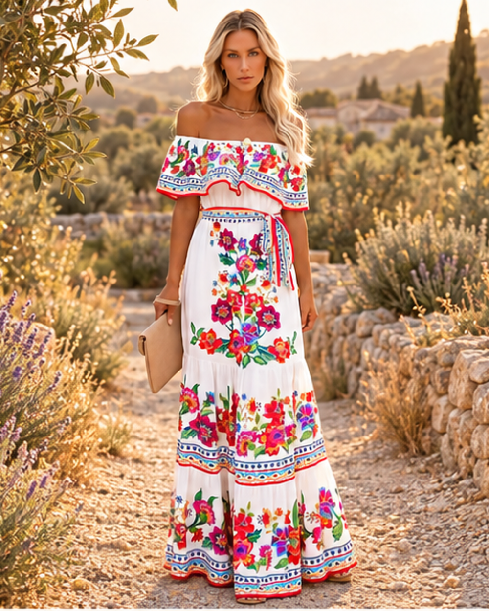 Tiered Ruffle Dress White, styled in a warm Mediterranean setting