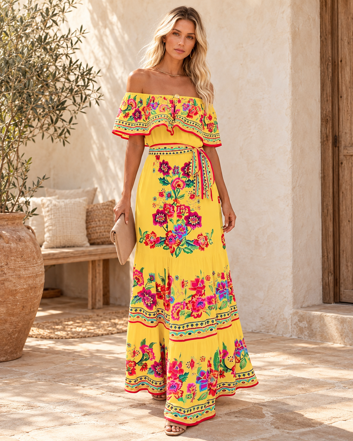 Tiered Ruffle Dress White - Yellow variant, full-length hero view