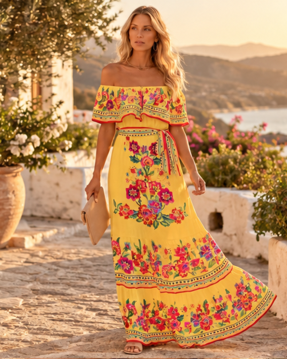 Tiered Ruffle Dress White - Yellow variant, bohemian movement view in golden-hour light