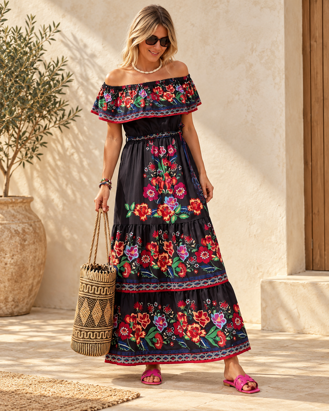 Tiered Ruffle Dress White - Black variant, full-length hero view