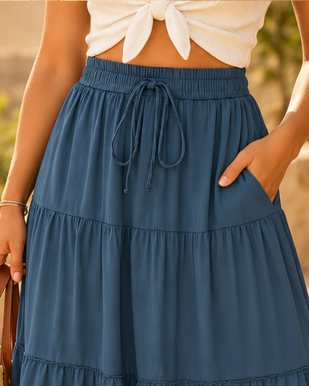 Turquoise Boho Skirt - Blue variant, close-up of fabric and garment details