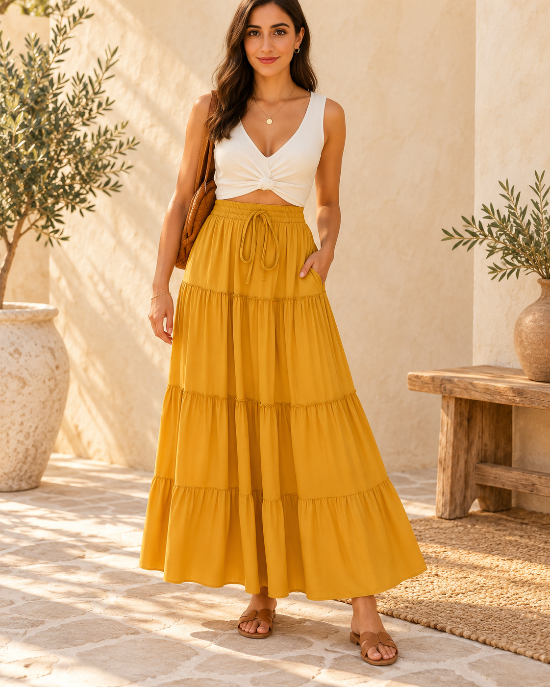 Turquoise Boho Skirt - Yellow variant, full-length hero view