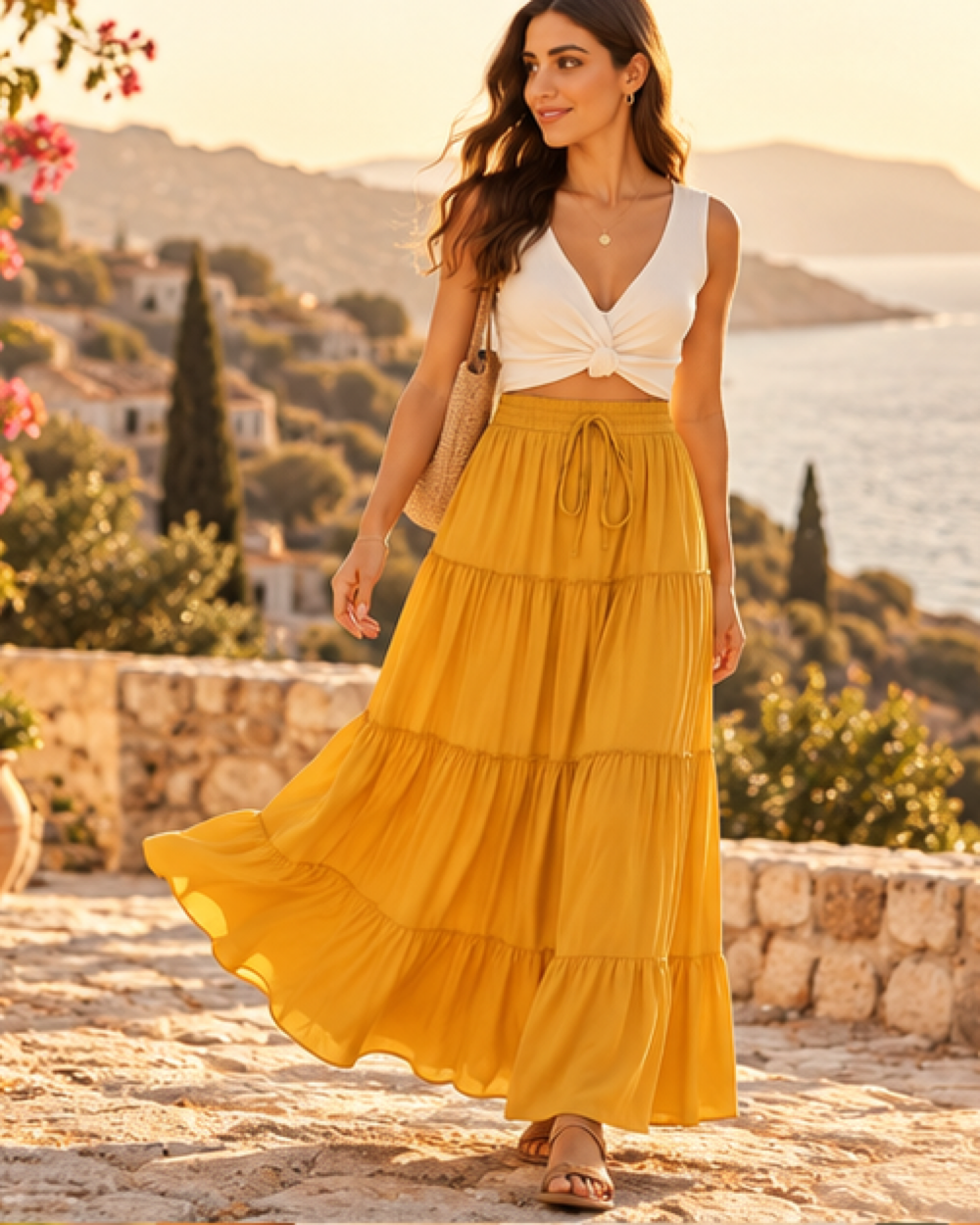 Turquoise Boho Skirt - Yellow variant, bohemian movement view in golden-hour light