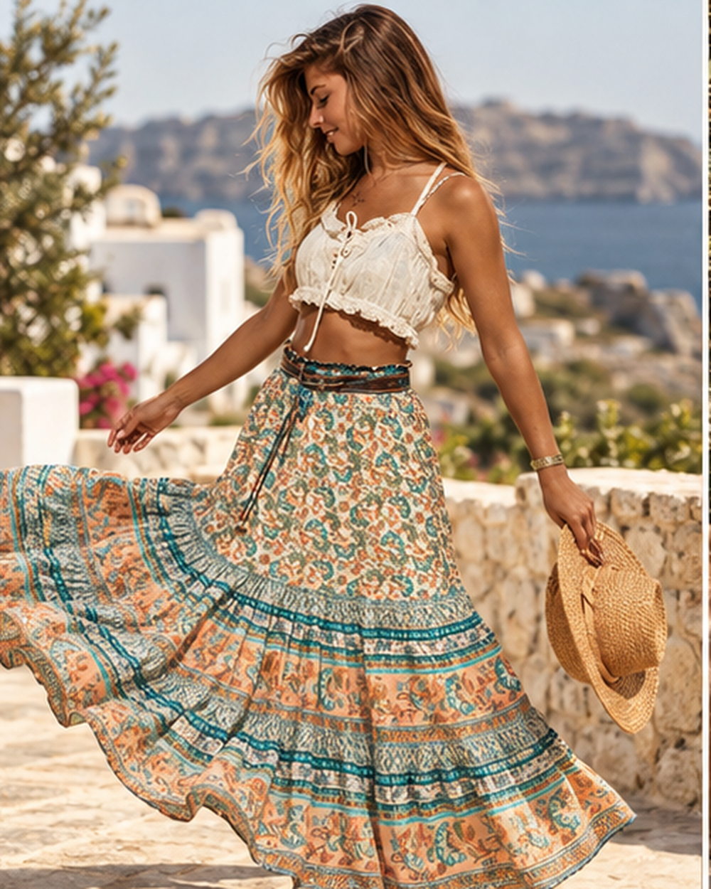 Vintage Boho Maxi Skirt, bohemian movement view in golden-hour light