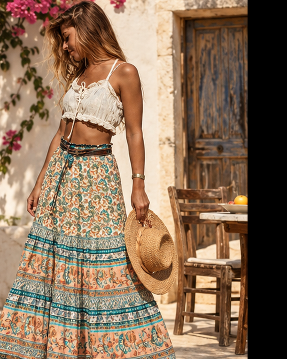 Vintage Boho Maxi Skirt, styled in a warm Mediterranean setting