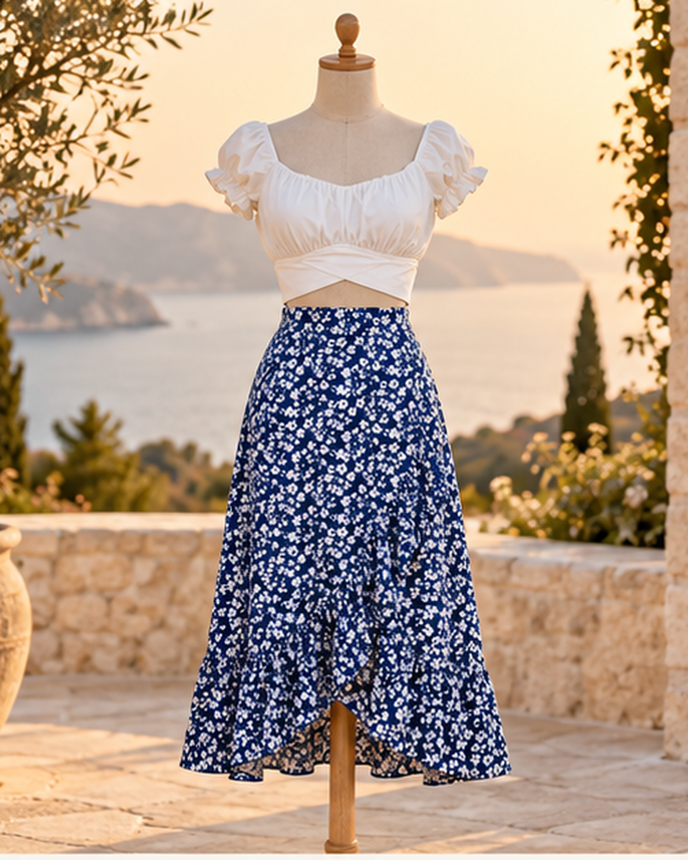 Vintage Hippie Boho Wrap Skirt, styled in a warm Mediterranean setting