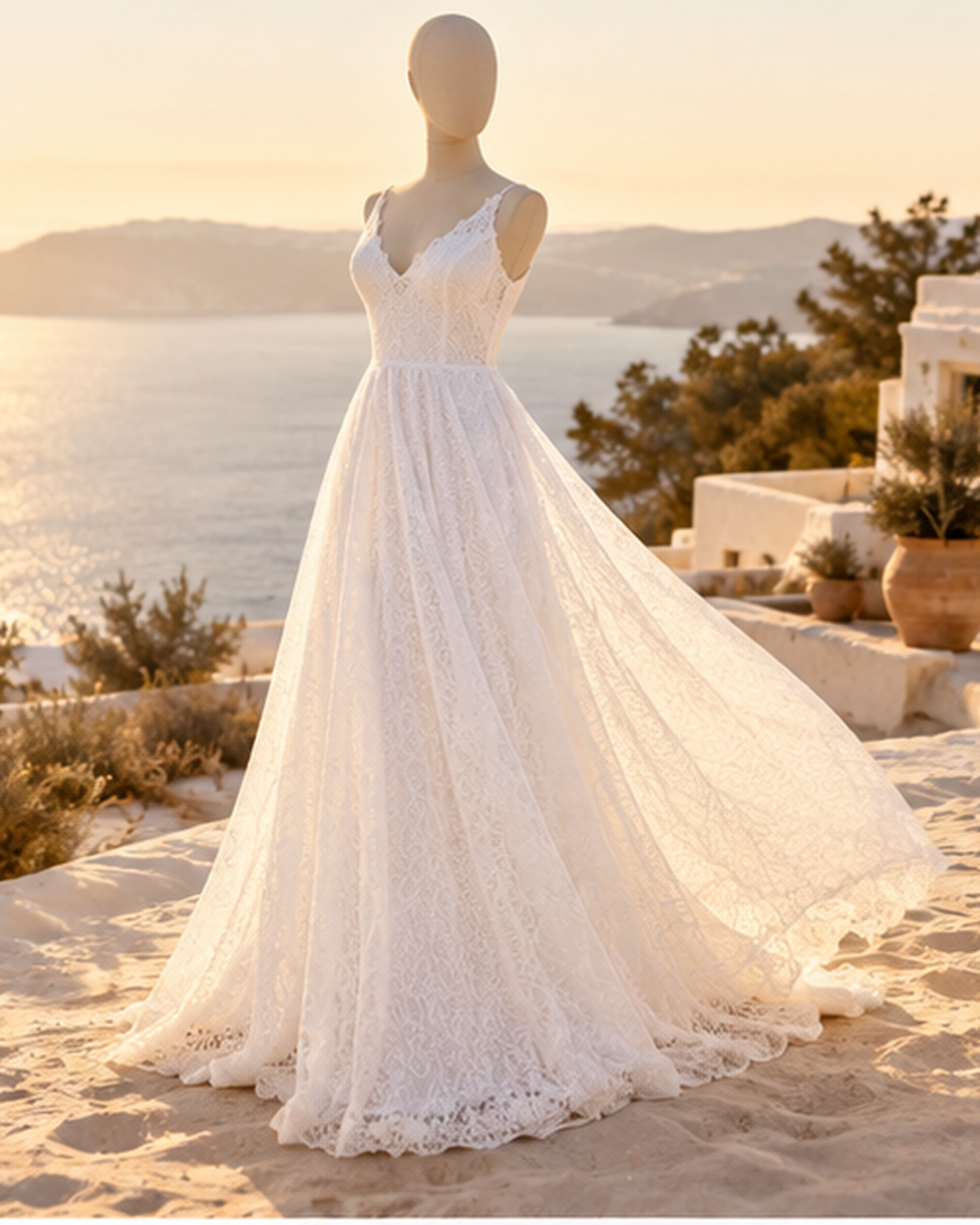 Wedding Gown Flowy, bohemian movement view in golden-hour light