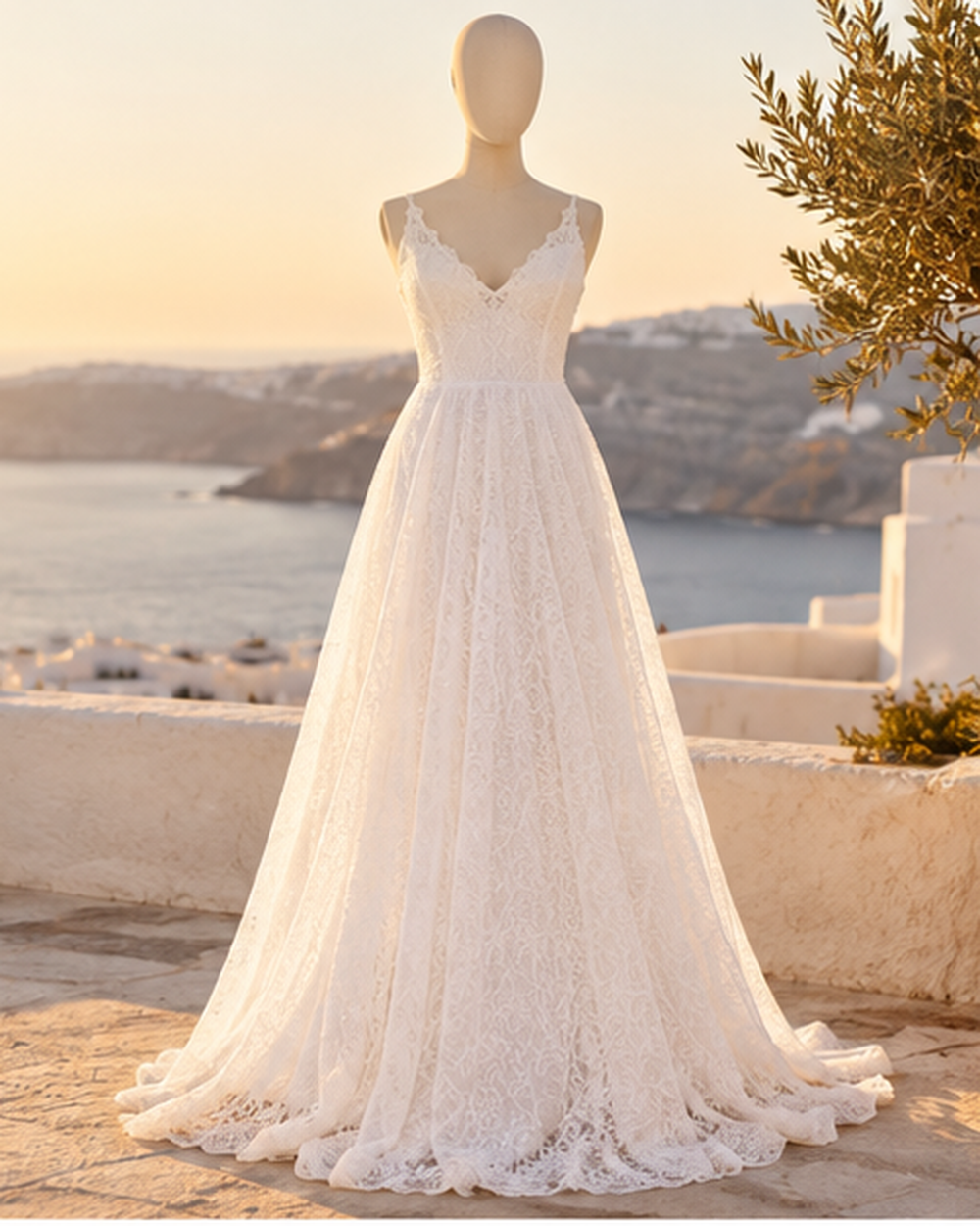 Wedding Gown Flowy, styled in a warm Mediterranean setting