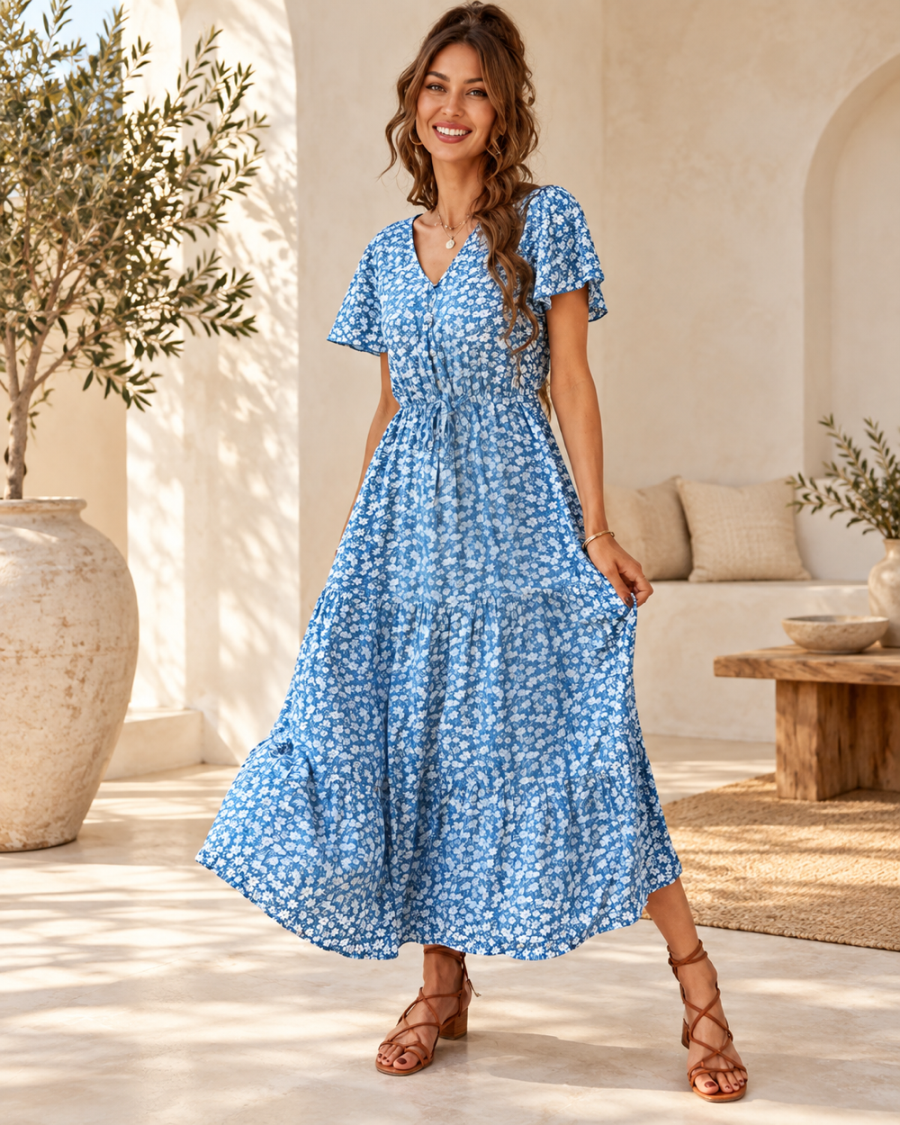 White Boho Maternity Dress - Blue variant, full-length hero view
