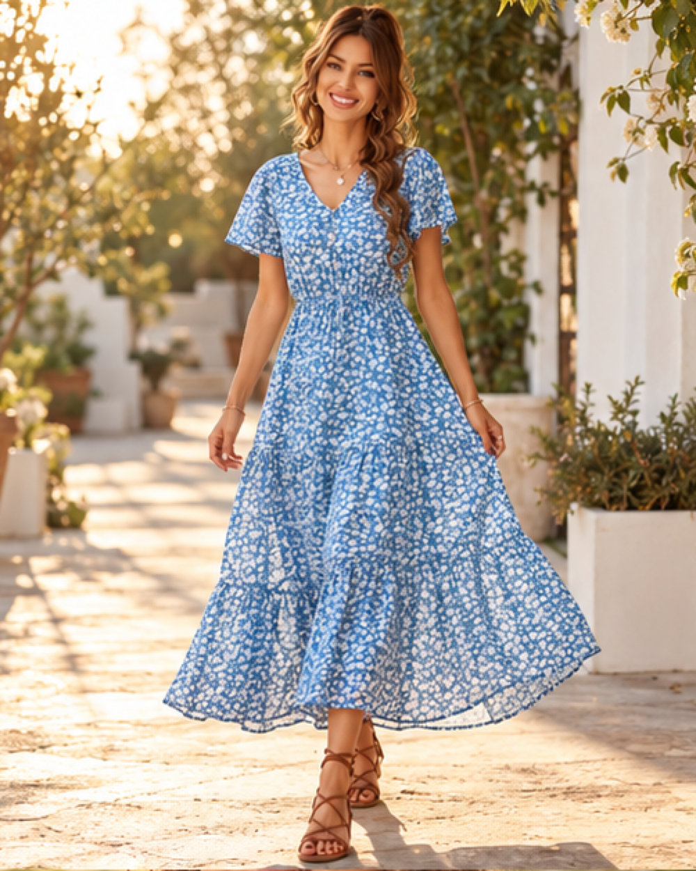 White Boho Maternity Dress - Blue variant, bohemian movement view in golden-hour light