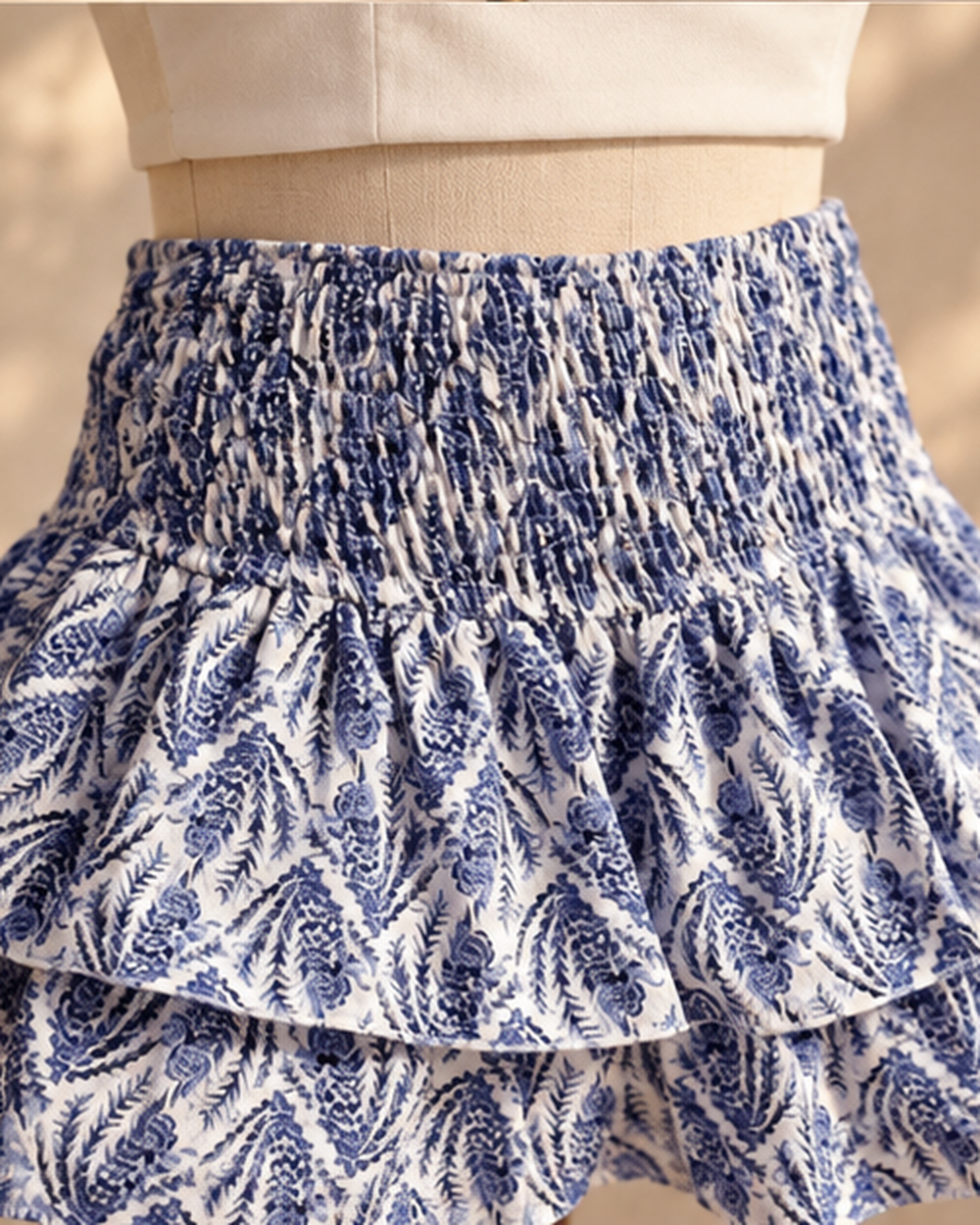 White Boho Peasant Skirt, close-up of fabric and garment details