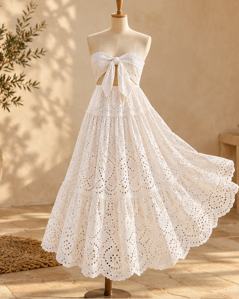 White Tiered Boho Maxi Skirt - One Size variant, bohemian movement view in golden-hour light