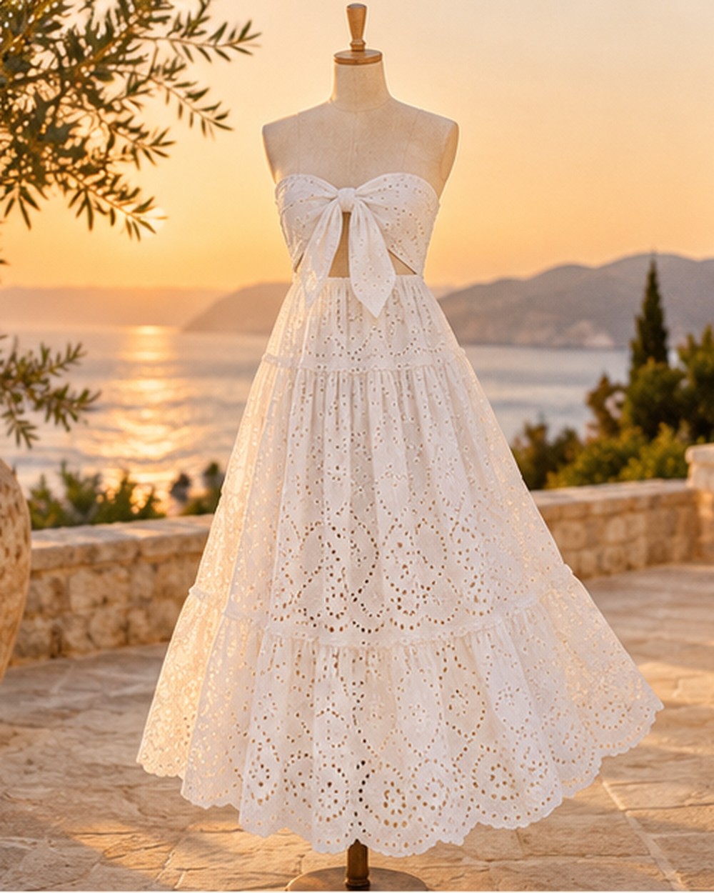 White Tiered Boho Maxi Skirt - One Size variant, styled in a warm Mediterranean setting